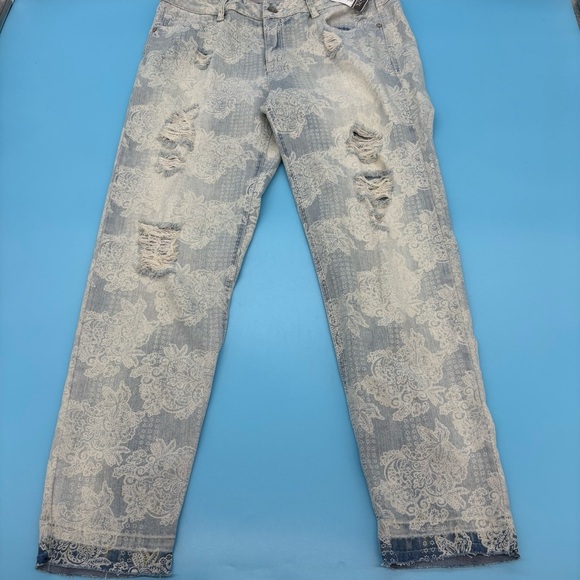 Vintage Reunion Floral Lace Print Distressed Rewash Jeans Size 9/10 - Picture 9 of 9